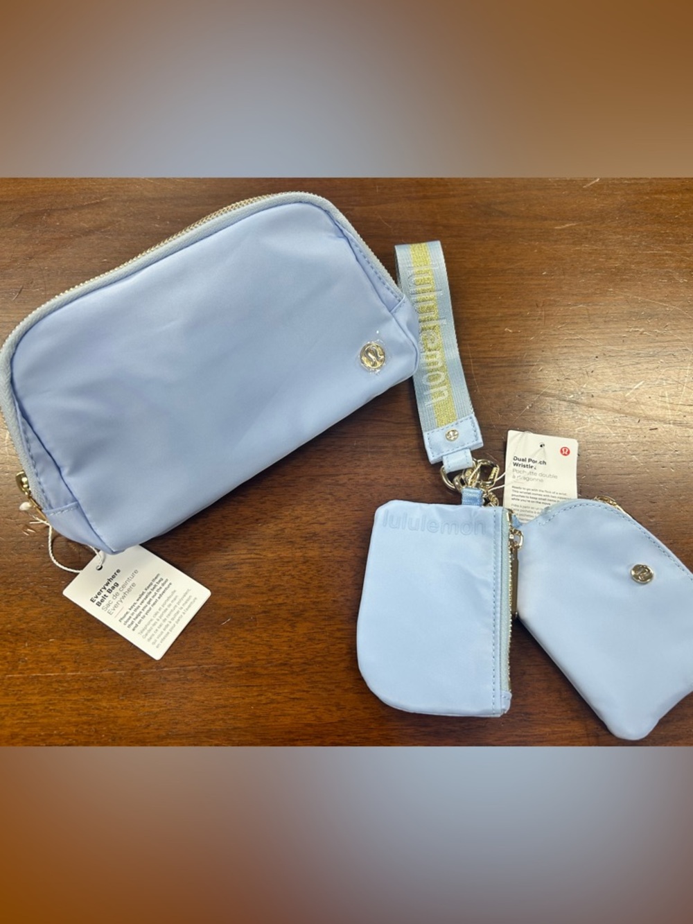 Lululemon Light Blue & Gold Belt Bag and Wristlet Set